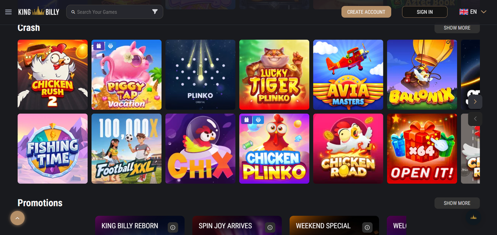 No deposit bonus ceiling on screen at King Billy